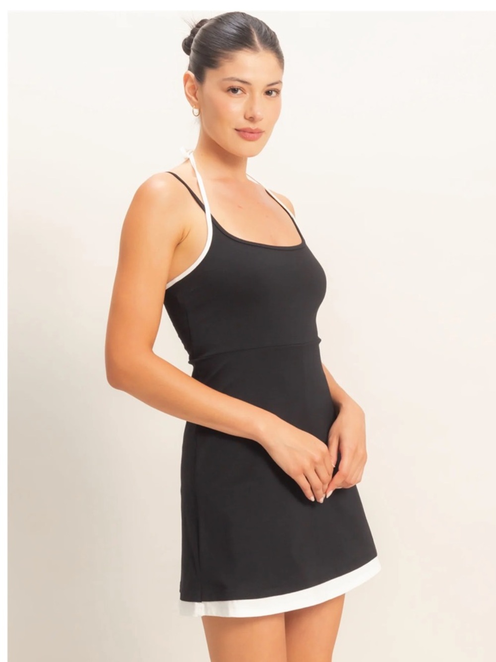 NEW HYFVE Black Halter Mini Dress Built In Shorts Cotton Stretch Large